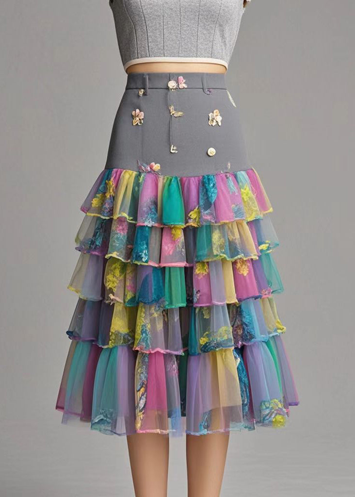 Beautiful Print Patchwork Layered Tulle Silm Fit Skirt Fall