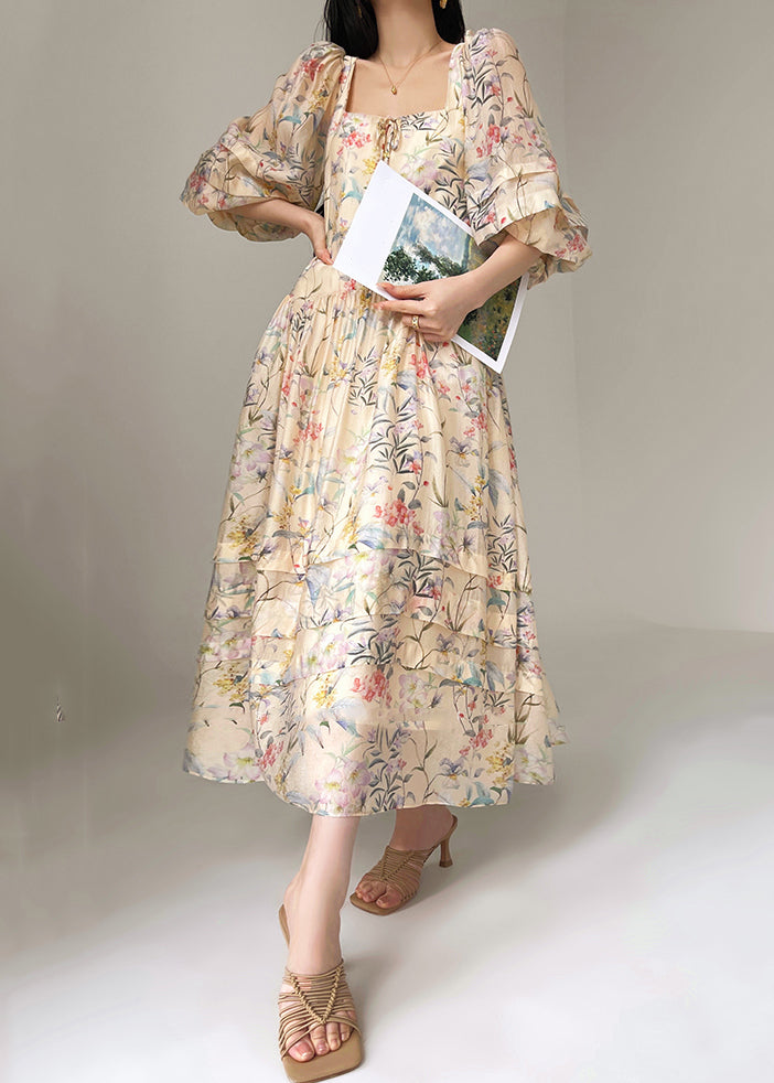 Beautiful Print Square Collar Silk Dresses Lantern Sleeve