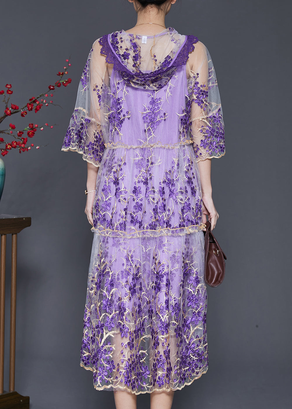 Beautiful Purple Embroidered Tulle Dress Two Pieces Set Summer