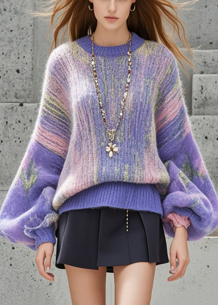 Beautiful Purple Oversized Print Thick Short Sweater Lantern Sleeve