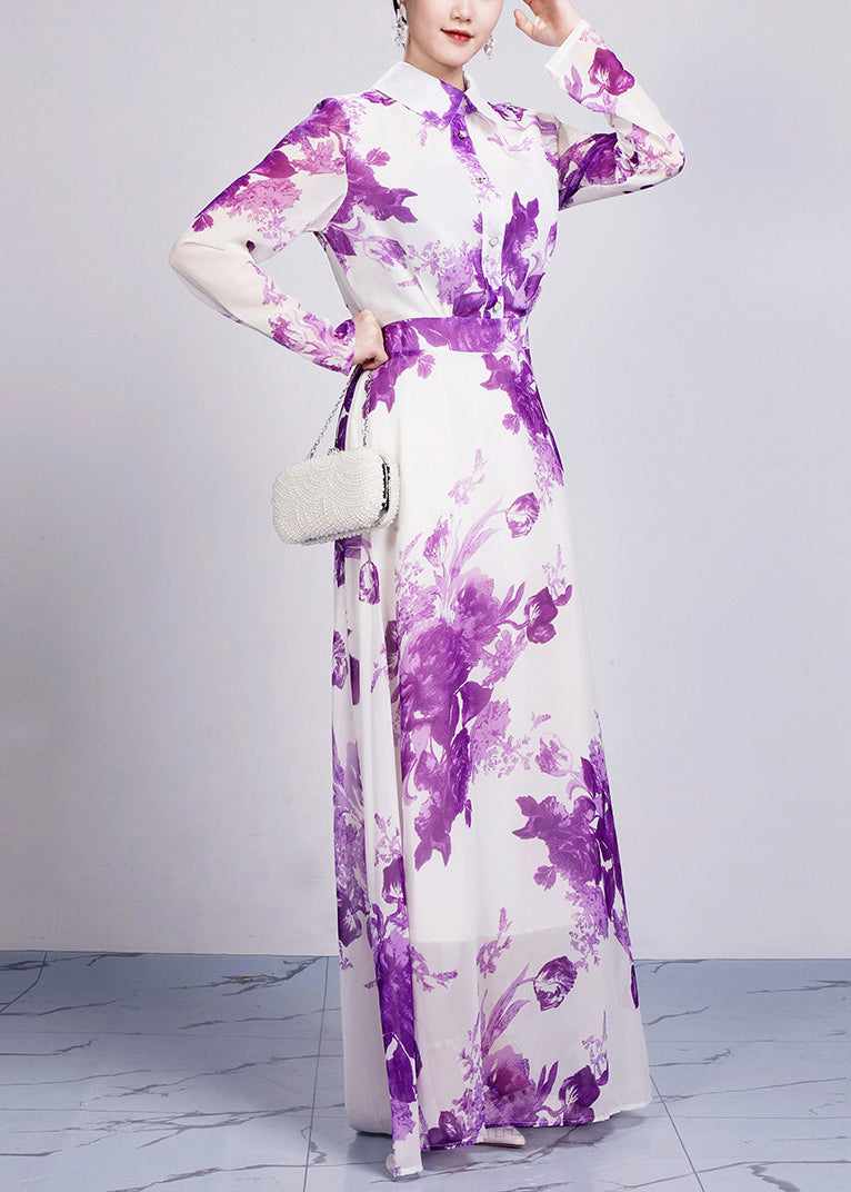 Beautiful Purple Peter Pan Collar Print Chiffon Maxi Dresses Long Sleeve