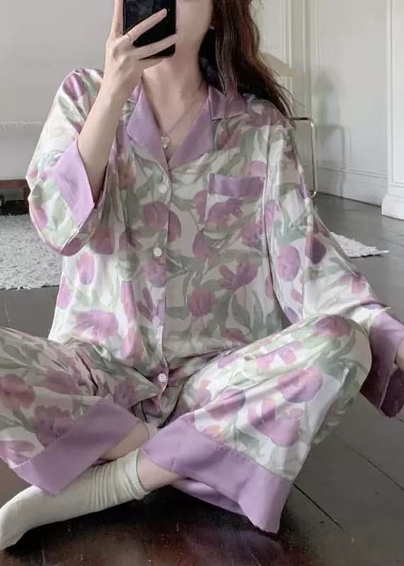 Beautiful Purple Tulip Print Button Ice Silk Pajamas Two Pieces Set Spring