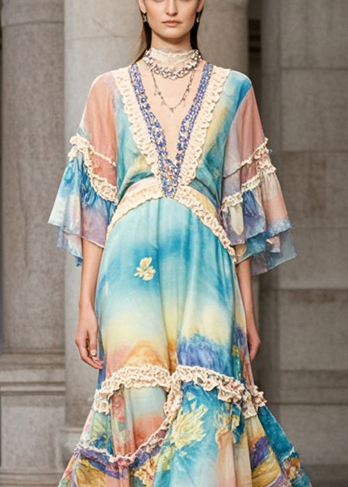 Beautiful Rainbow Ruffled Patchwork Chiffon Maxi Dress Summer