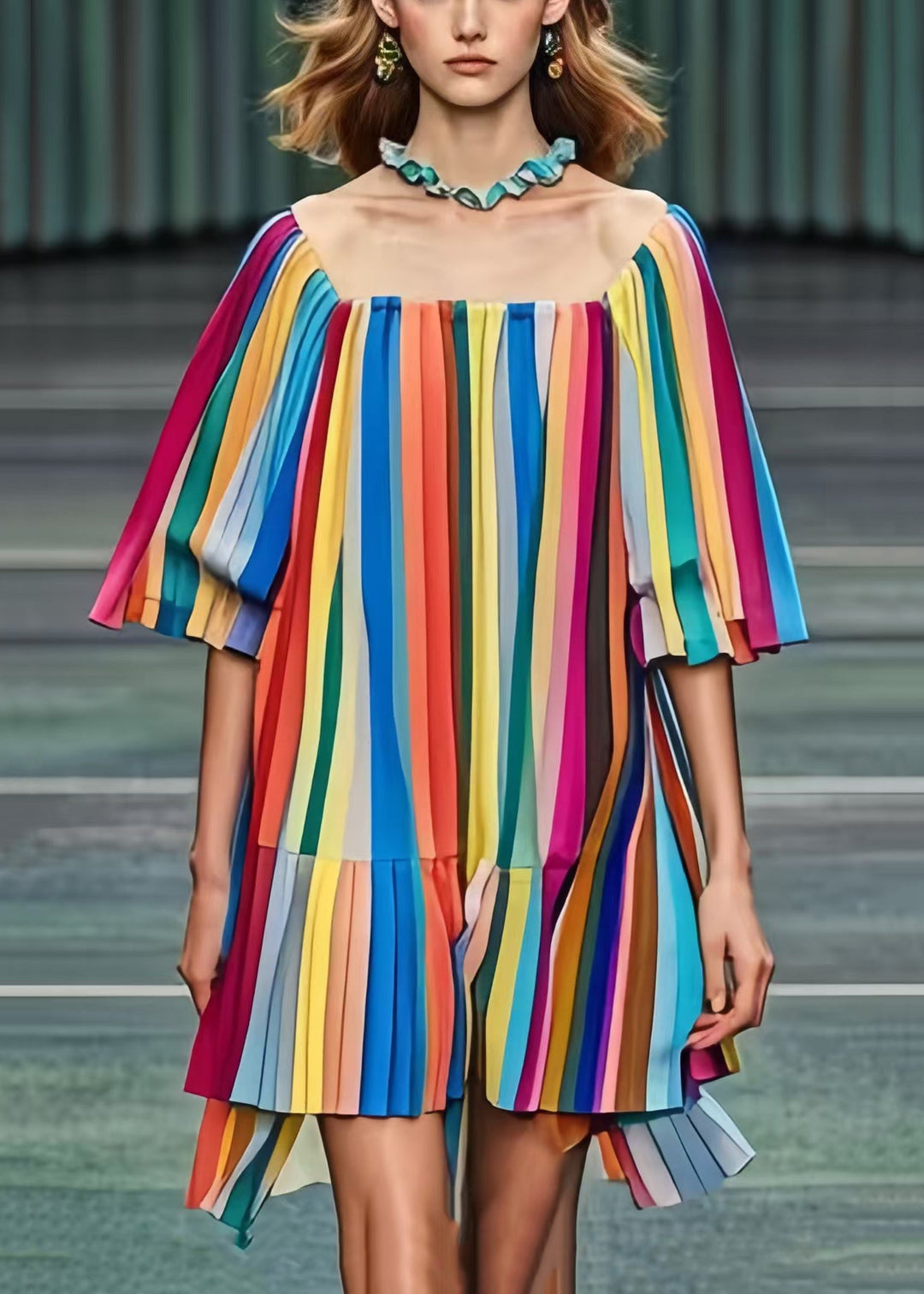 Beautiful Rainbow Square Colla Striped Chiffon Tea Dress Summer