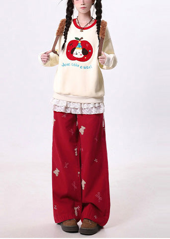 Beautiful Red Embroidered Patchwork Denim Pants Spring