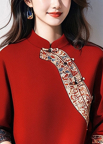 Beautiful Red Mandarin Collar Patchwork Cotton Pullover Tops Spring