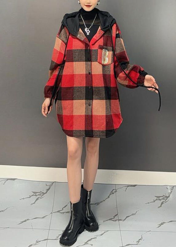 Beautiful Red Plaid Asymmetrical Button Thick Woolen Hooded Coat Winter