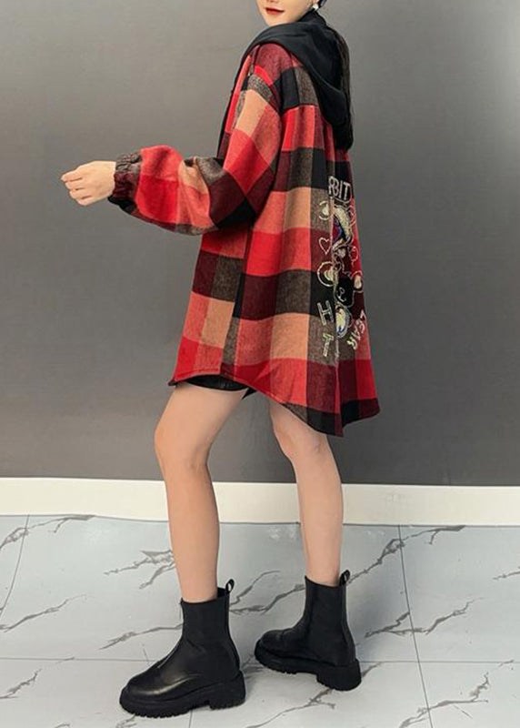 Beautiful Red Plaid Asymmetrical Button Thick Woolen Hooded Coat Winter