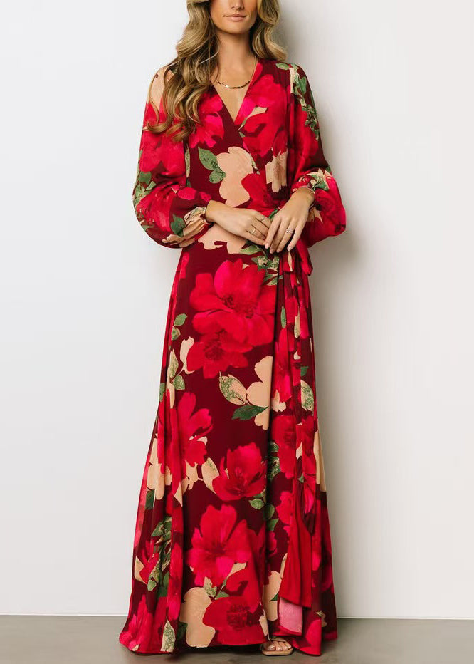 Beautiful Red Print Side Open Cotton Maxi Dresses Fall