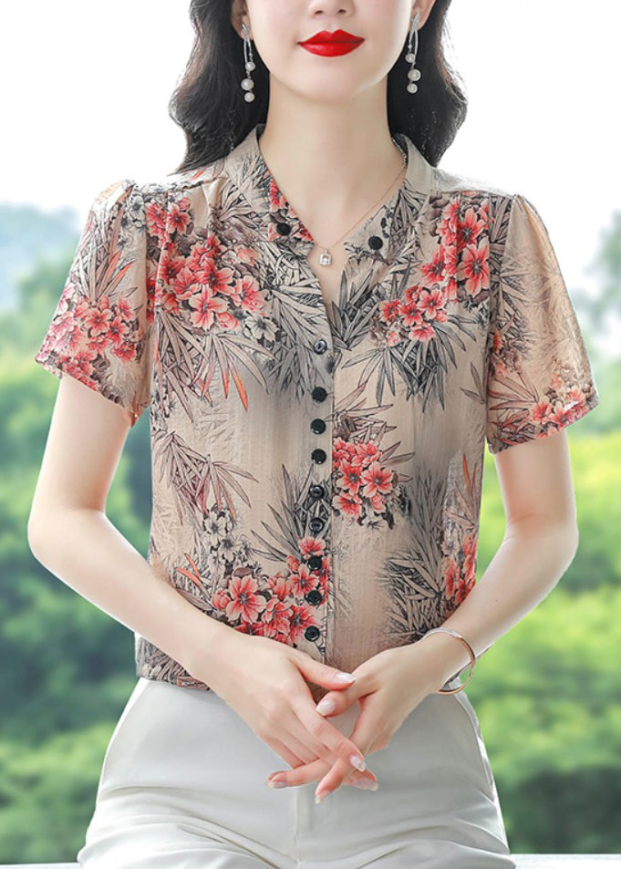 Beautiful Red V Neck Print Chiffon Shirts Summer