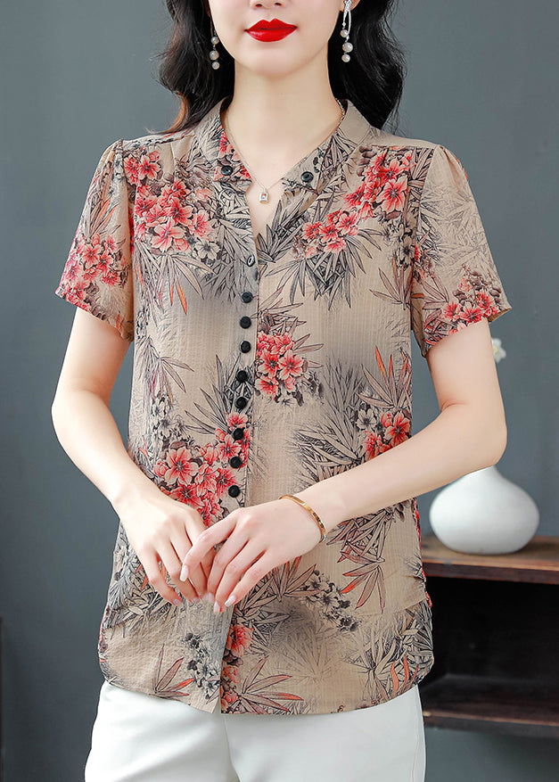 Beautiful Red V Neck Print Chiffon Shirts Summer