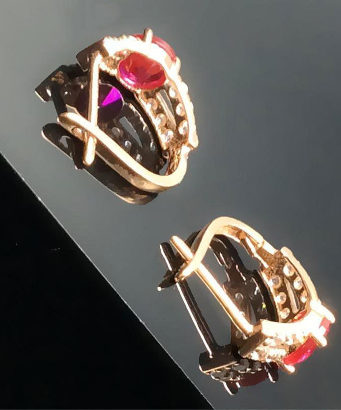 Beautiful Rose Alloy Inlaid Gem Stone Zircon Hoop Earrings