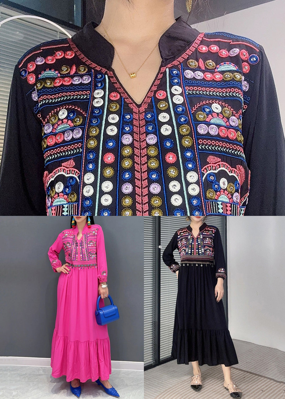 Beautiful Rose Embroidered Patchwork Cotton Long Dresses Fall