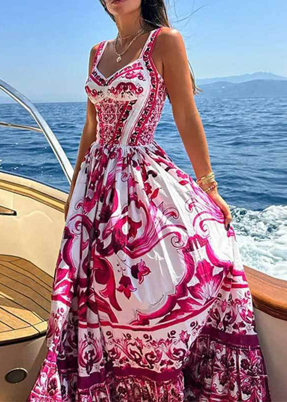 Beautiful Rose Print High Waist Cotton Spaghetti Strap Dress Sleeveless