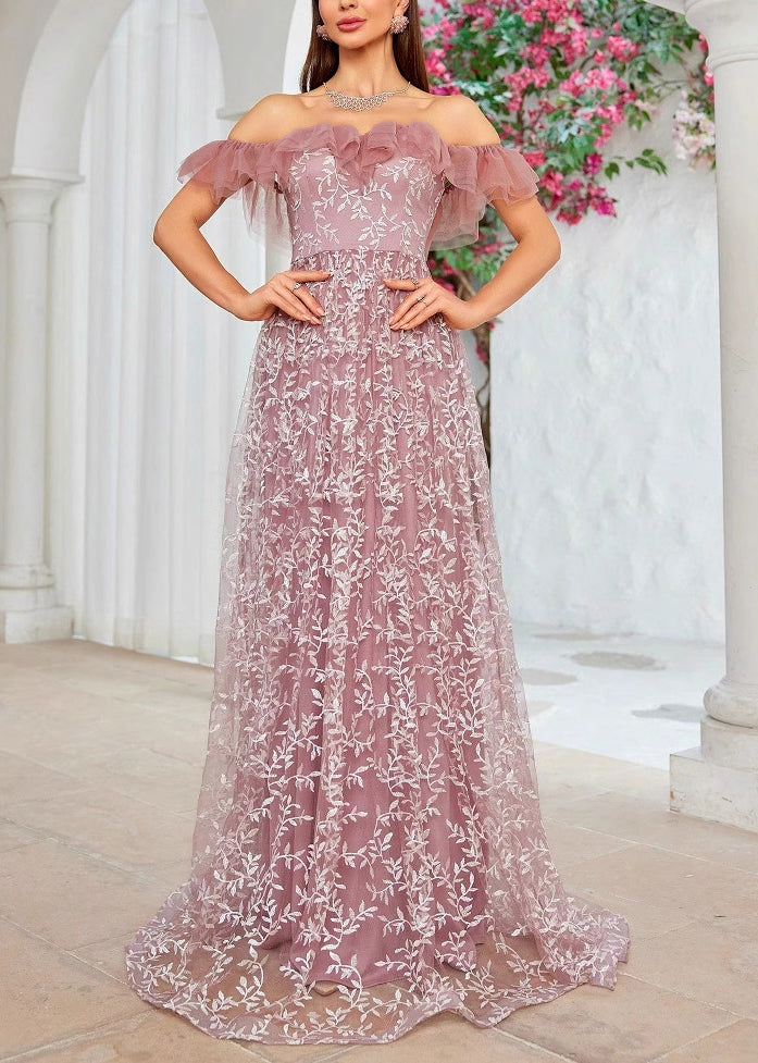 Beautiful Slash Neck Embroidery High Waist Tulle Maxi Dresses Summer