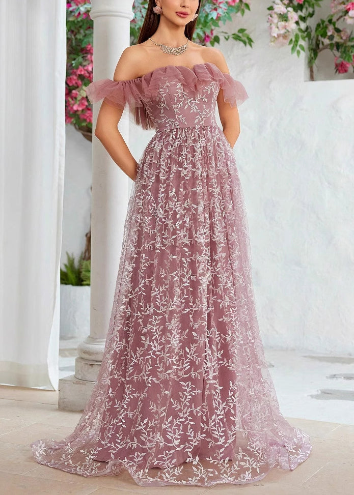 Beautiful Slash Neck Embroidery High Waist Tulle Maxi Dresses Summer