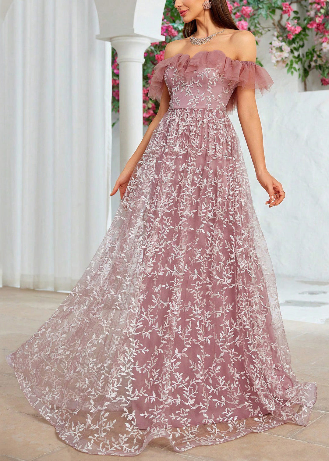 Beautiful Slash Neck Embroidery High Waist Tulle Maxi Dresses Summer