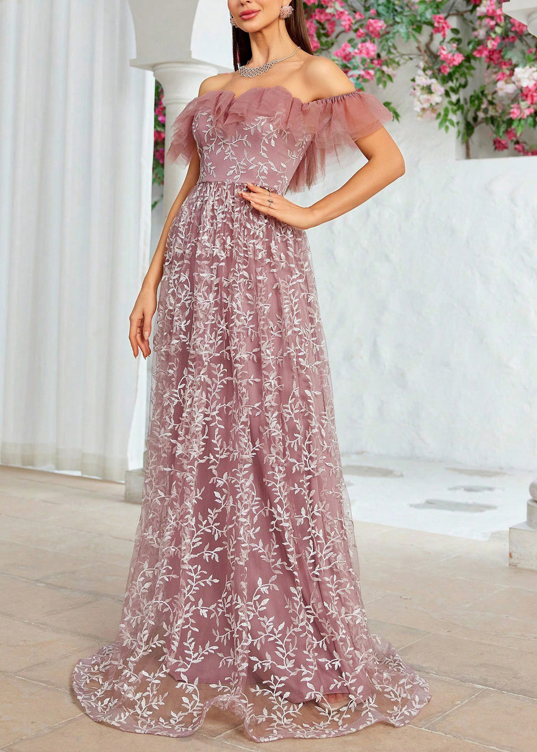 Beautiful Slash Neck Embroidery High Waist Tulle Maxi Dresses Summer