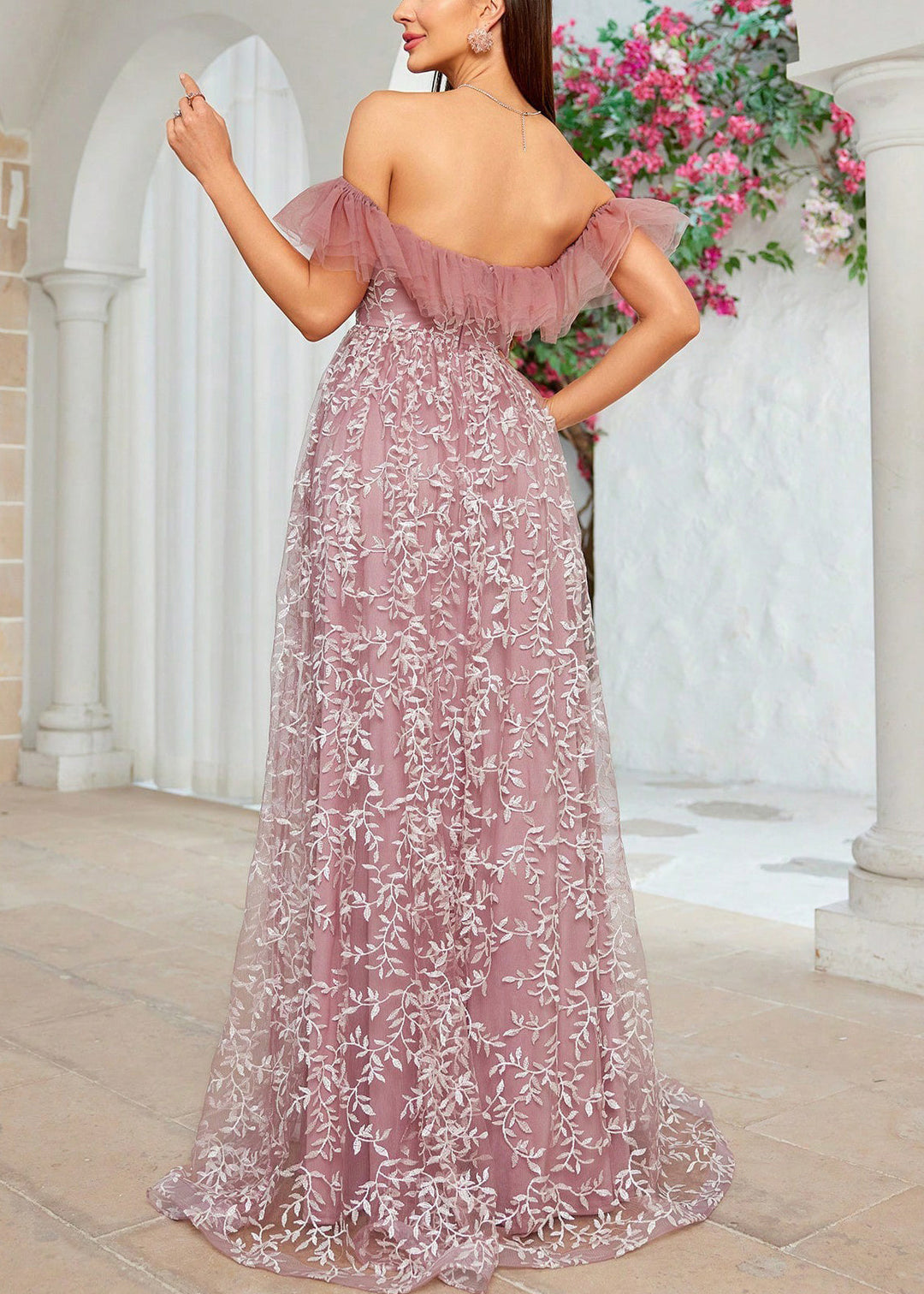 Beautiful Slash Neck Embroidery High Waist Tulle Maxi Dresses Summer