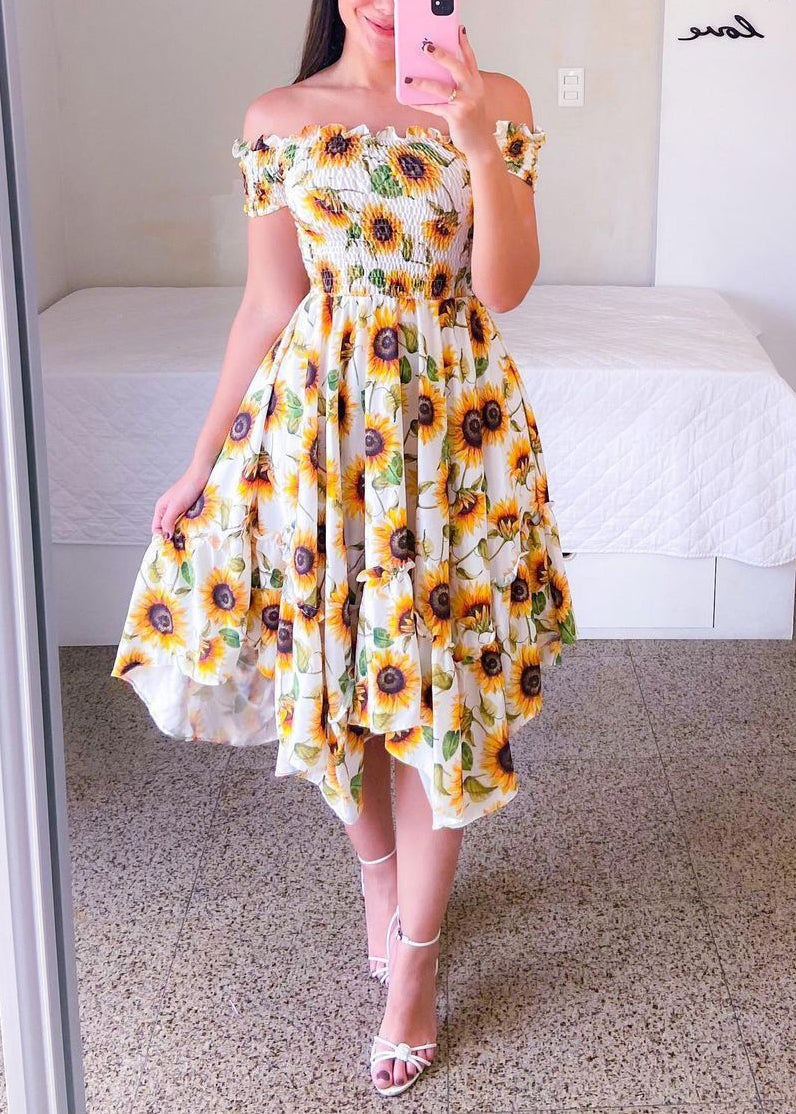 Beautiful Sunflower Slash Neck Print Ruffled Cotton Dress Summer