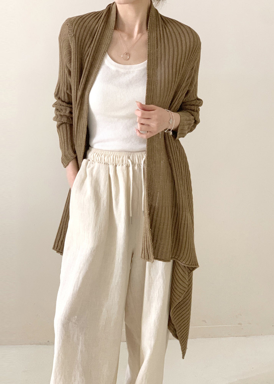 Beautiful Tea Green Asymmetrical Ice Silk Knit Cardigan Fall