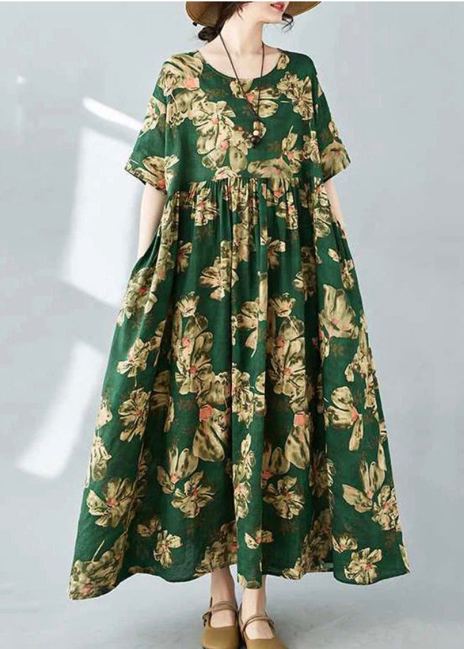 Beautiful Tea Green Oversized Print Cotton Holiday Dress Summer