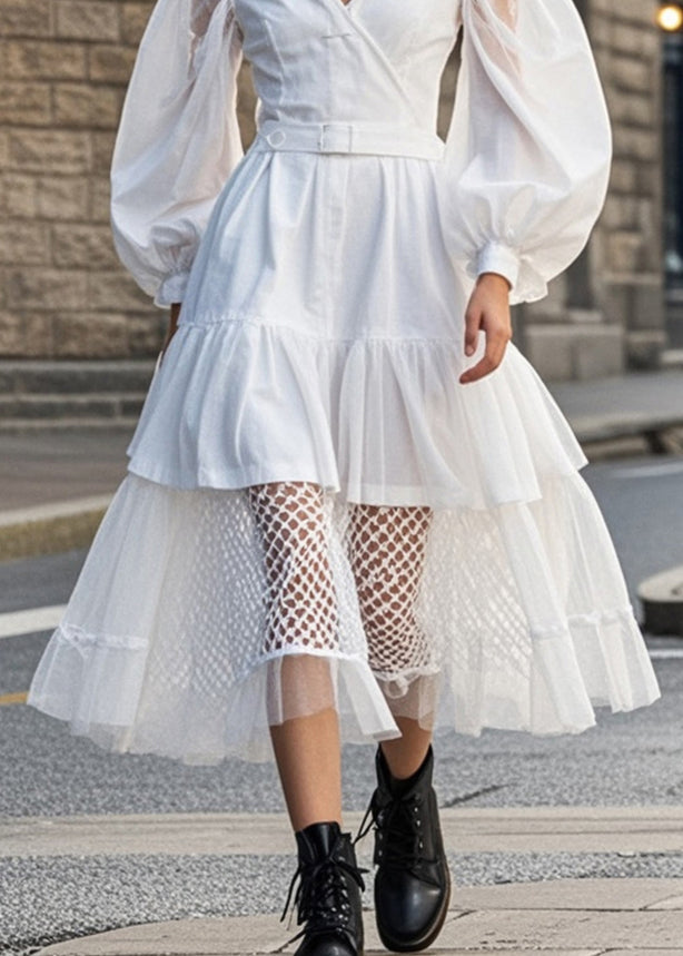 Beautiful White V Neck Patchwork Tulle Cotton Dress Puff Sleeve