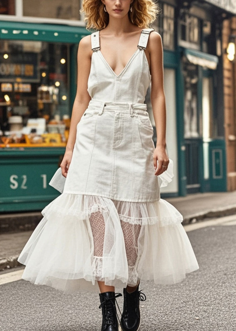 Beautiful White V Neck Patchwork Tulle Denim Dresses Summer