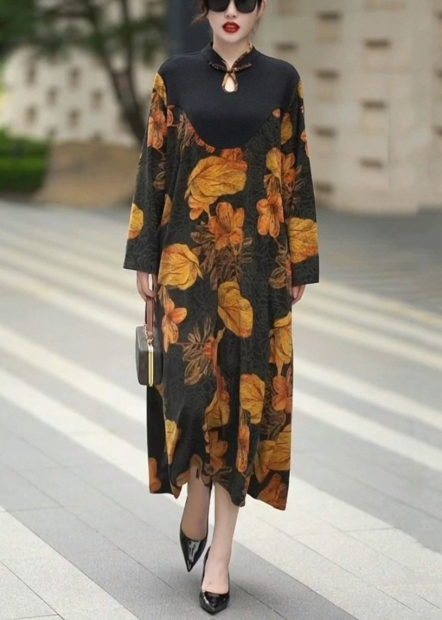 Beautiful Yellow Button Print Silk Long Dresses Fall