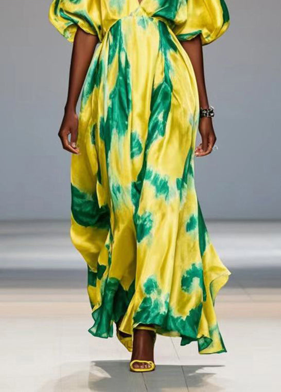 Beautiful Yellow Cold Shoulder Print Silk Maxi Dresses Lantern Sleeve