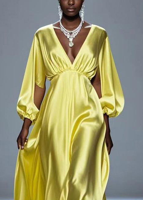 Beautiful Yellow Hollow Out Draping Silk Party Dresses Fall