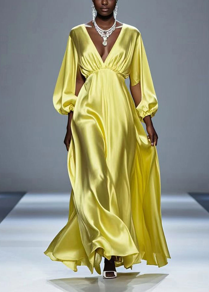 Beautiful Yellow Hollow Out Draping Silk Party Dresses Fall