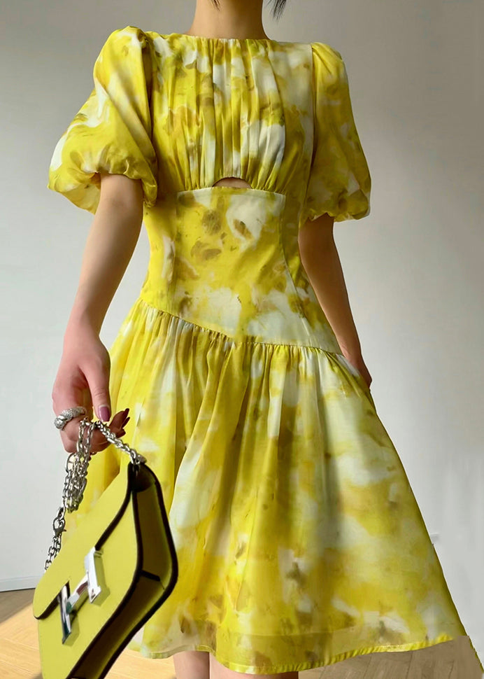 Beautiful Yellow O Neck Print High Waist Dress Summer