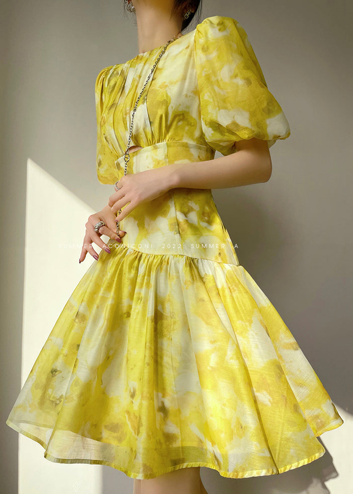 Beautiful Yellow O Neck Print High Waist Dress Summer