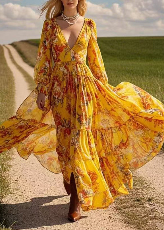 Beautiful Yellow Patchwork Wrinkled Chiffon Maxi Dress Spring