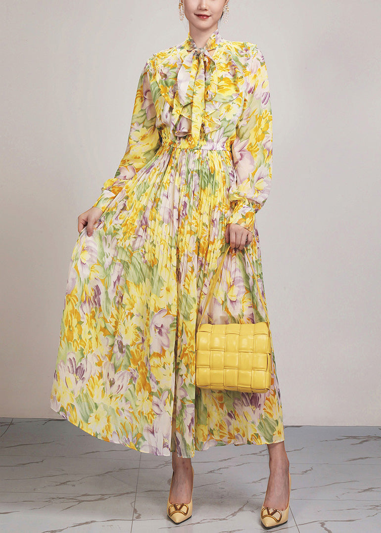 Beautiful Yellow Print Lace Up Chiffon Long Dress Long Sleeve