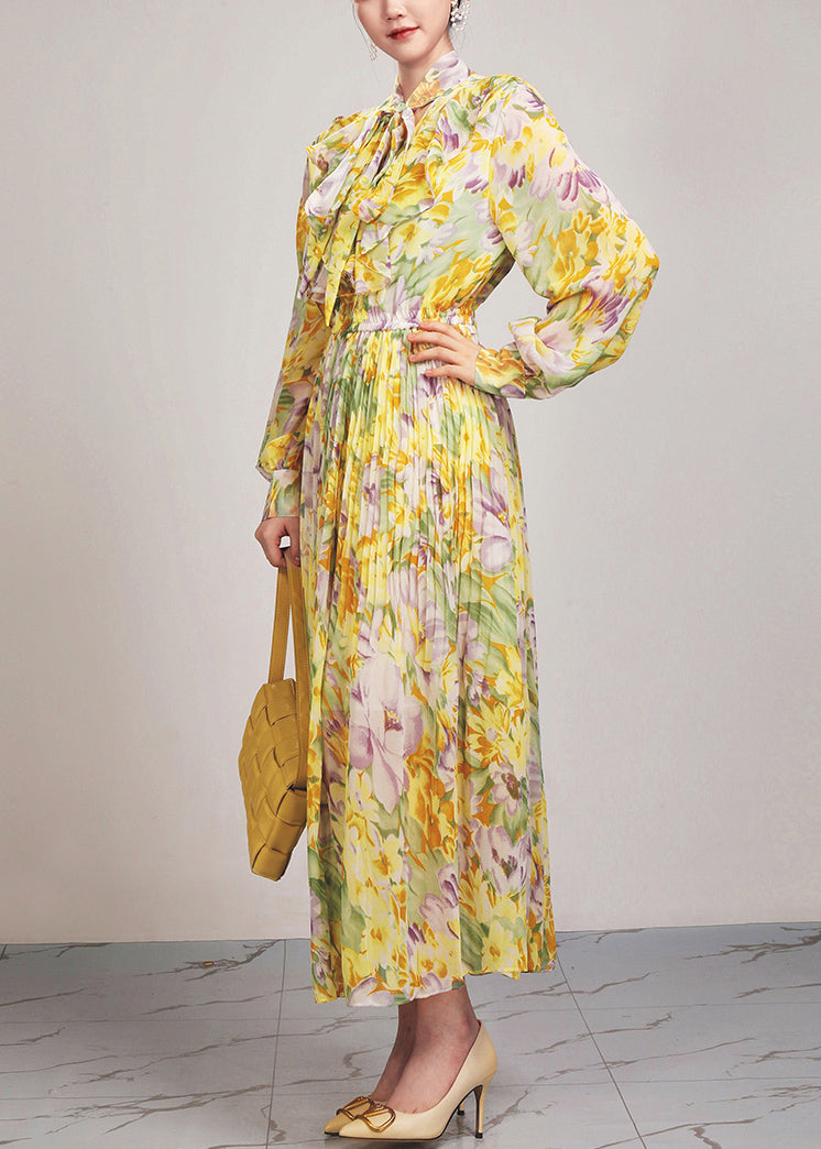 Beautiful Yellow Print Lace Up Chiffon Long Dress Long Sleeve