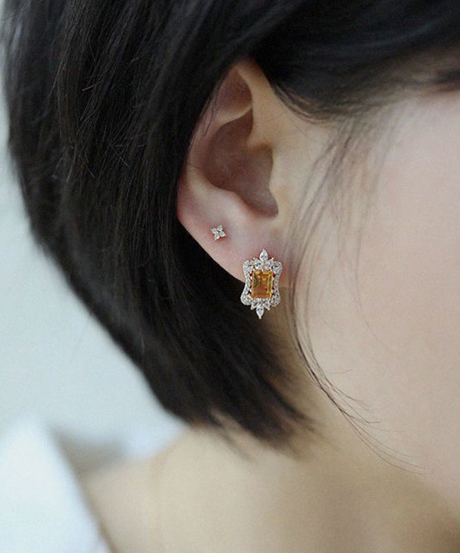 Beautiful Yellow Sterling Silver Overgild Zircon Stud Earrings