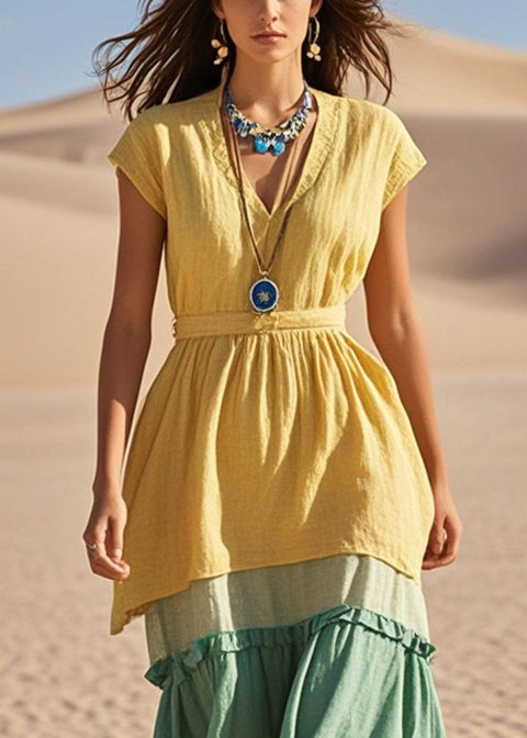 Beautiful Yellow V Neck Patchwork Cotton Vacation Dresses Summer