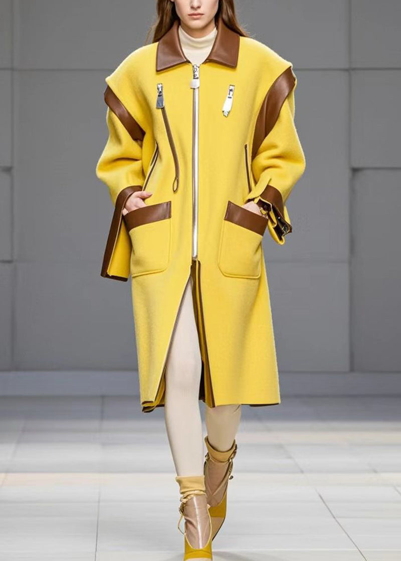 Beautiful Yellow Zip Up Patchwork Pockets Woolen Coats Fall