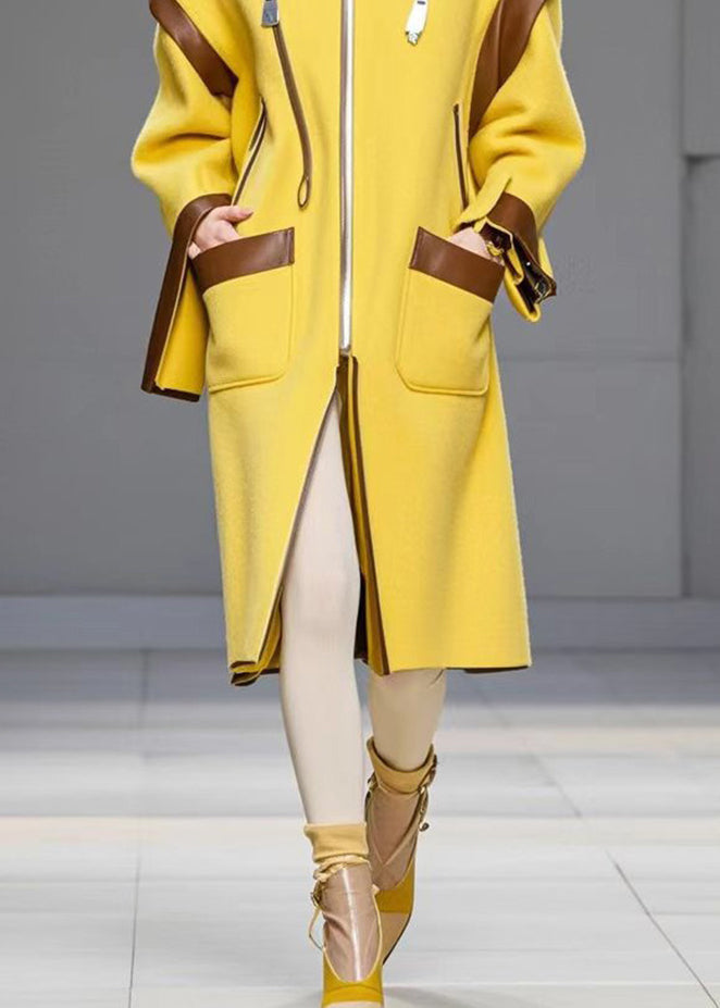 Beautiful Yellow Zip Up Patchwork Pockets Woolen Coats Fall