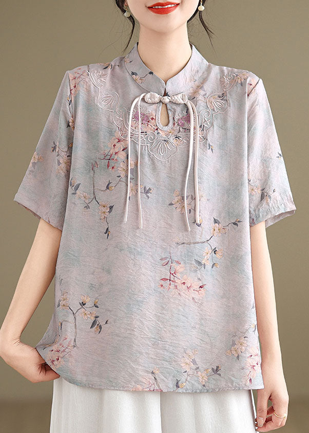 Beautiful light Purple Tasseled Print Cotton Top Short Sleeve