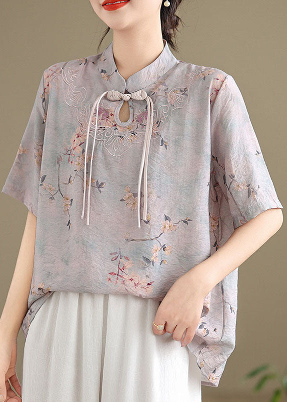 Beautiful light Purple Tasseled Print Cotton Top Short Sleeve