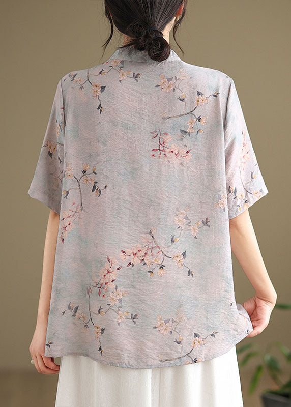 Beautiful light Purple Tasseled Print Cotton Top Short Sleeve