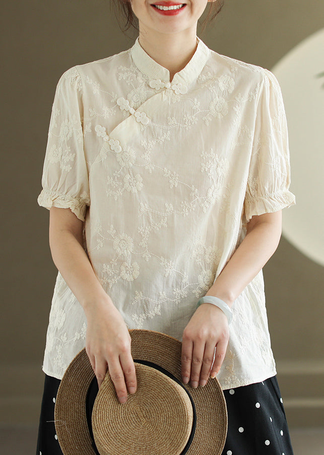 Beige Chinese Button Cotton Shirt Stand Collar Butterfly Sleeve