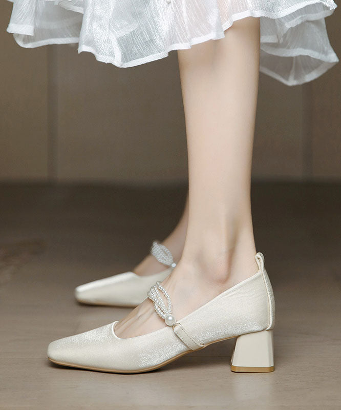 Beige Classy Beading Chunky Heel Satin Square Toe