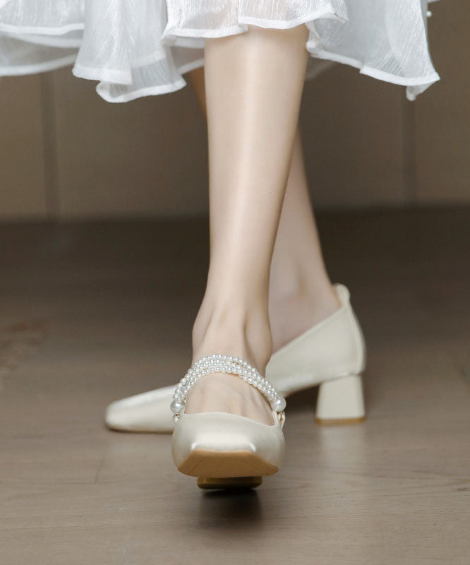 Beige Classy Beading Chunky Heel Satin Square Toe