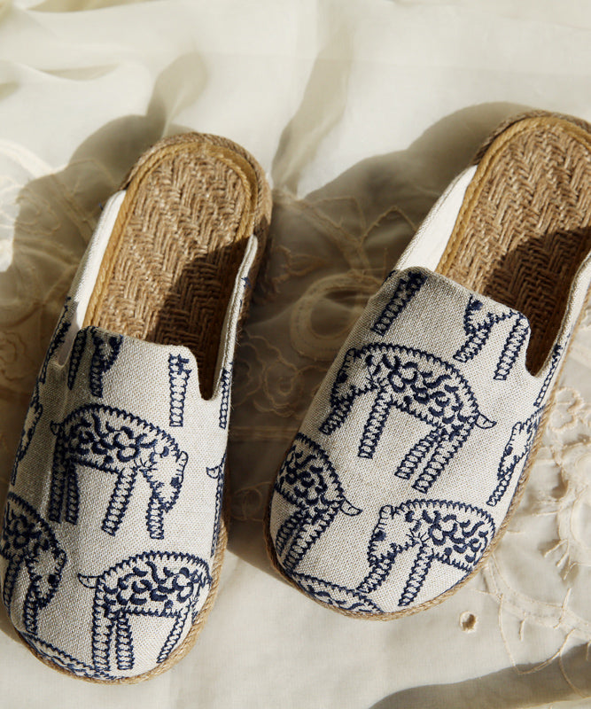 Beige Cotton Fabric Comfy Embroidered Slide Sandals