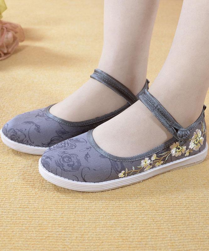 Beige Embroideried Cotton Fabric Flat Shoes Buckle Strap Flat Shoes - SooLinen