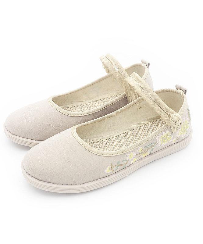 Beige Embroideried Cotton Fabric Flat Shoes Buckle Strap Flat Shoes - SooLinen